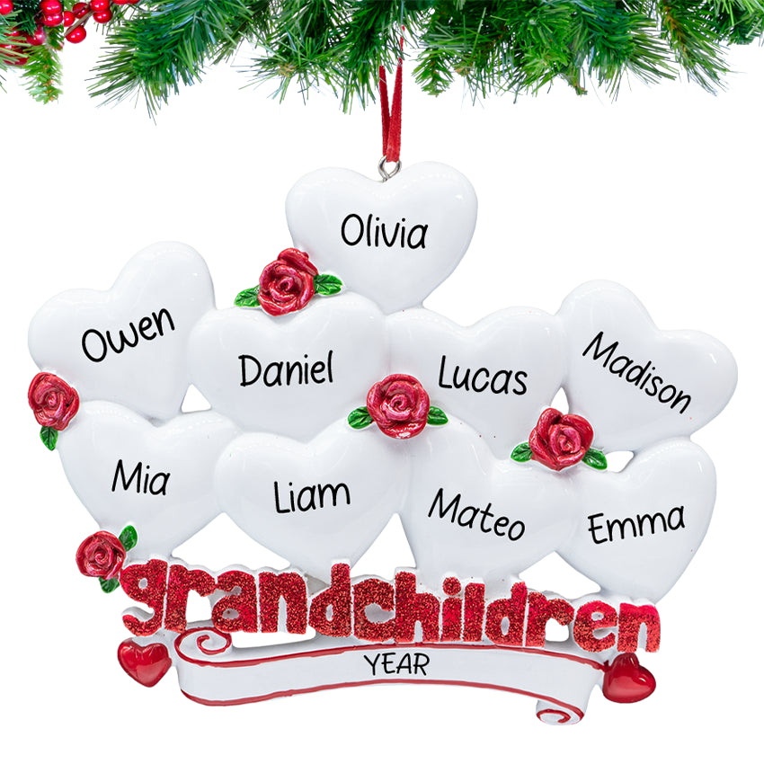 Personalized Grandchildren with 9 Hearts Christmas Ornament