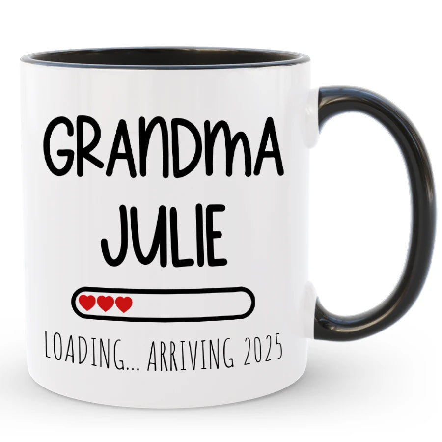 White ceramic coffee mug with “First Time Granny” design, perfect for pregnancy announcement.