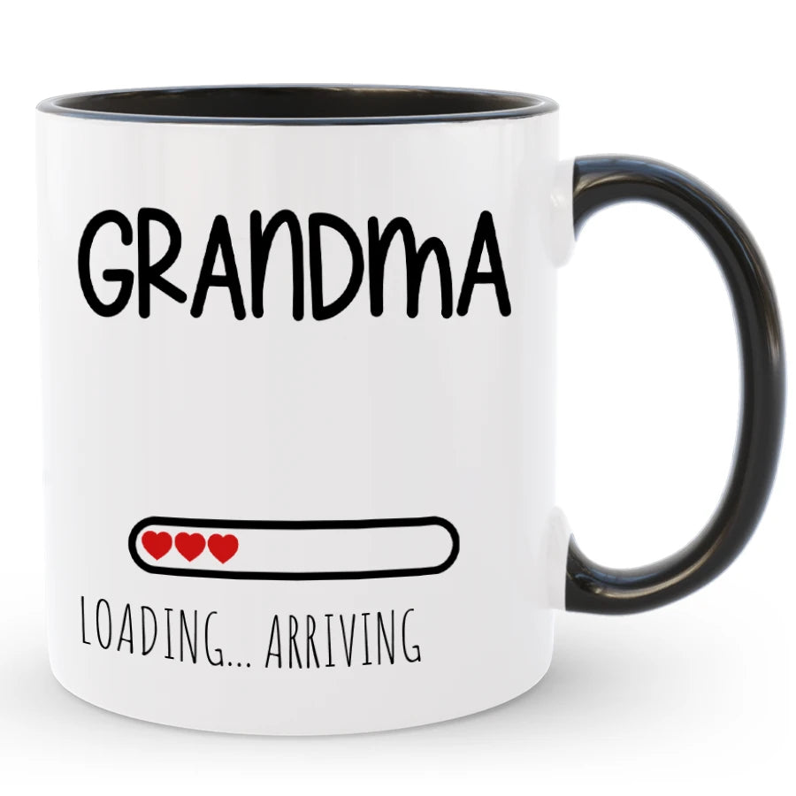 Detailed view of the text and artwork on the mug for new grandmas.