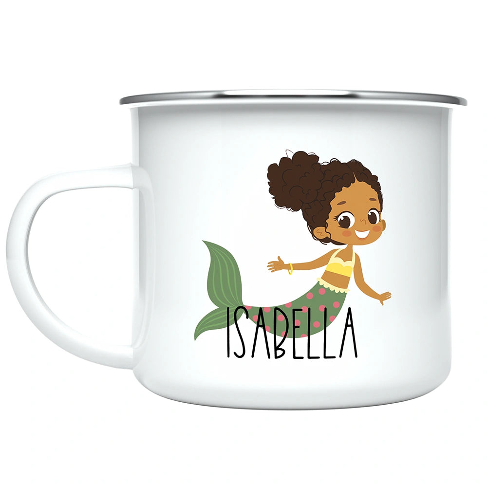Custom kids hot chocolate mug featuring mermaid artwork with personalized name