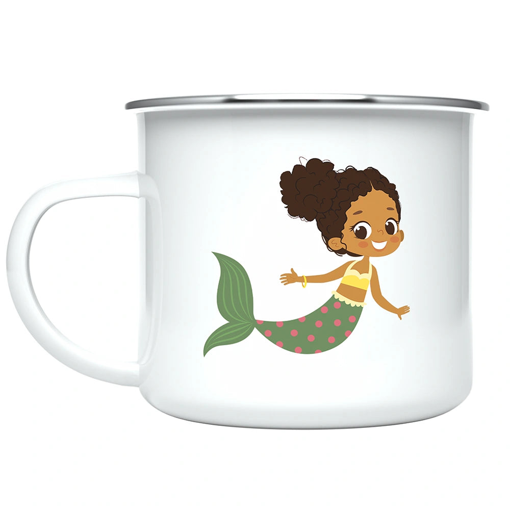 Custom kids hot chocolate mug featuring mermaid artwork with personalized name
