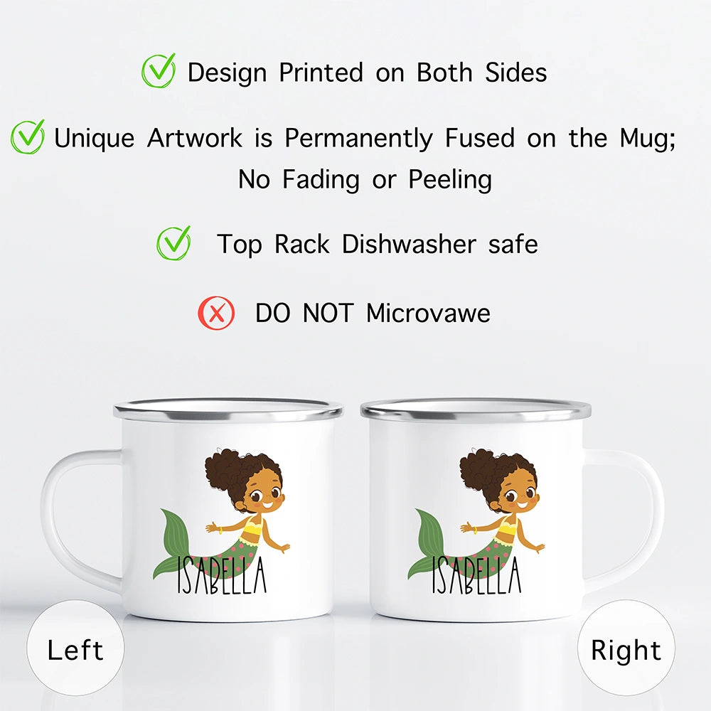 Detail of shatterproof enamel-coated stainless steel and glossy finish on personalized kids mugs