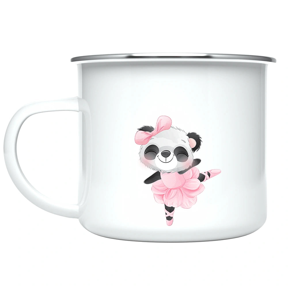 Close-up of customized kids mug showing full-color ballet panda artwork printed on both sides