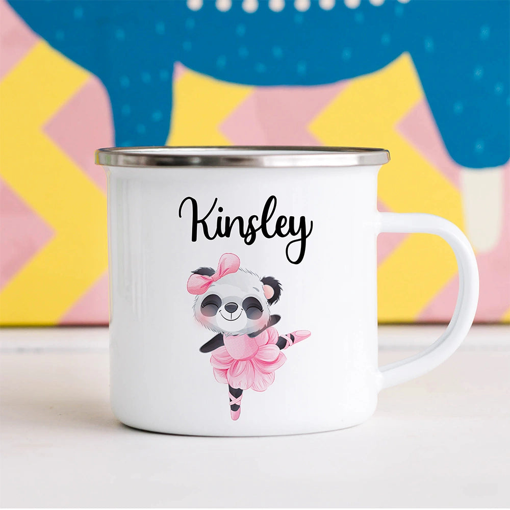 Custom kids hot chocolate mug featuring ballet panda design with personalized name
