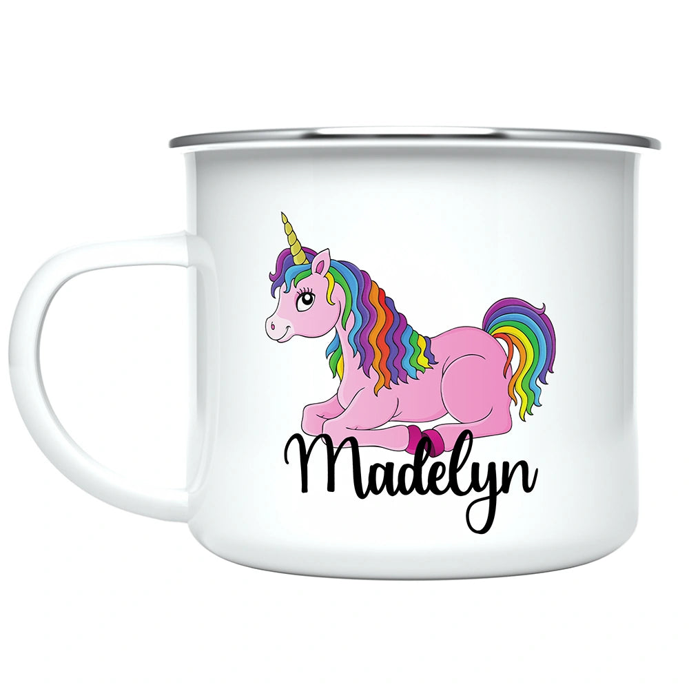 Close-up of unicorn and rainbow artwork printed on both sides of the customized kids mug