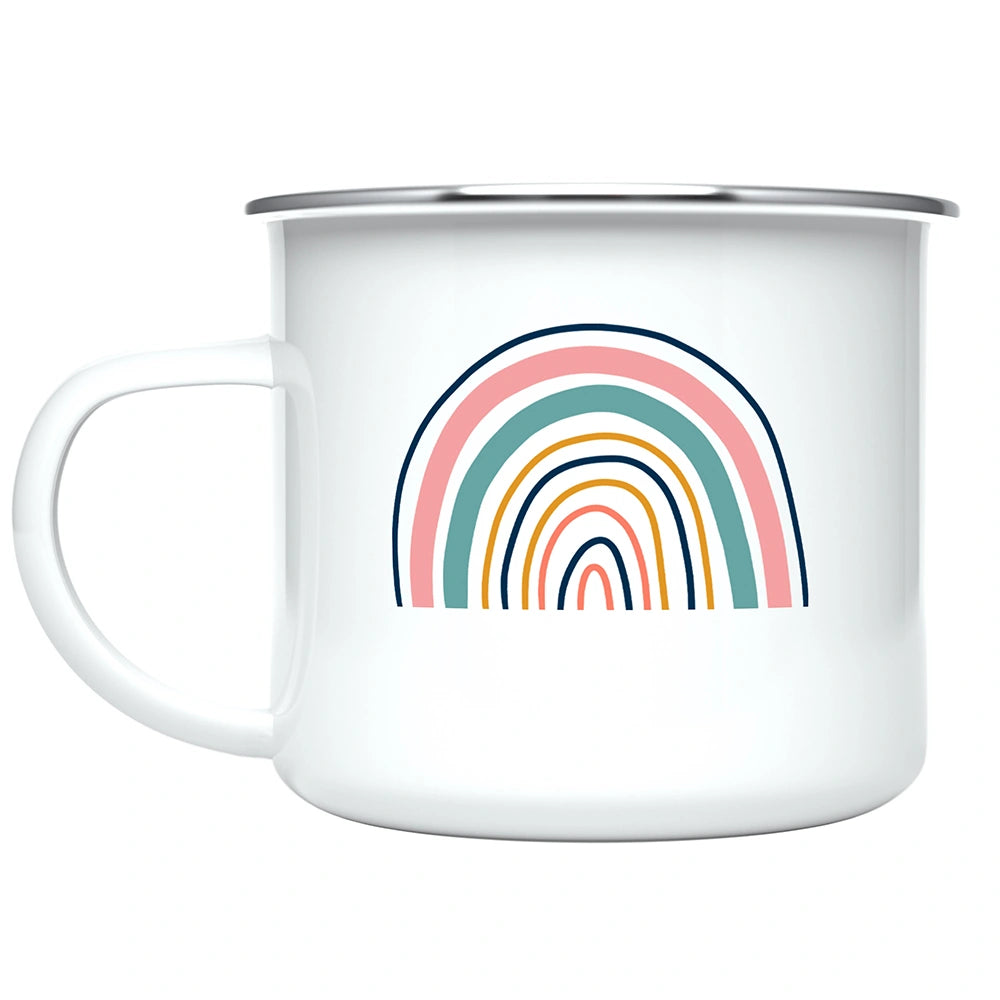Close-up of rainbow design printed on both sides of the mug