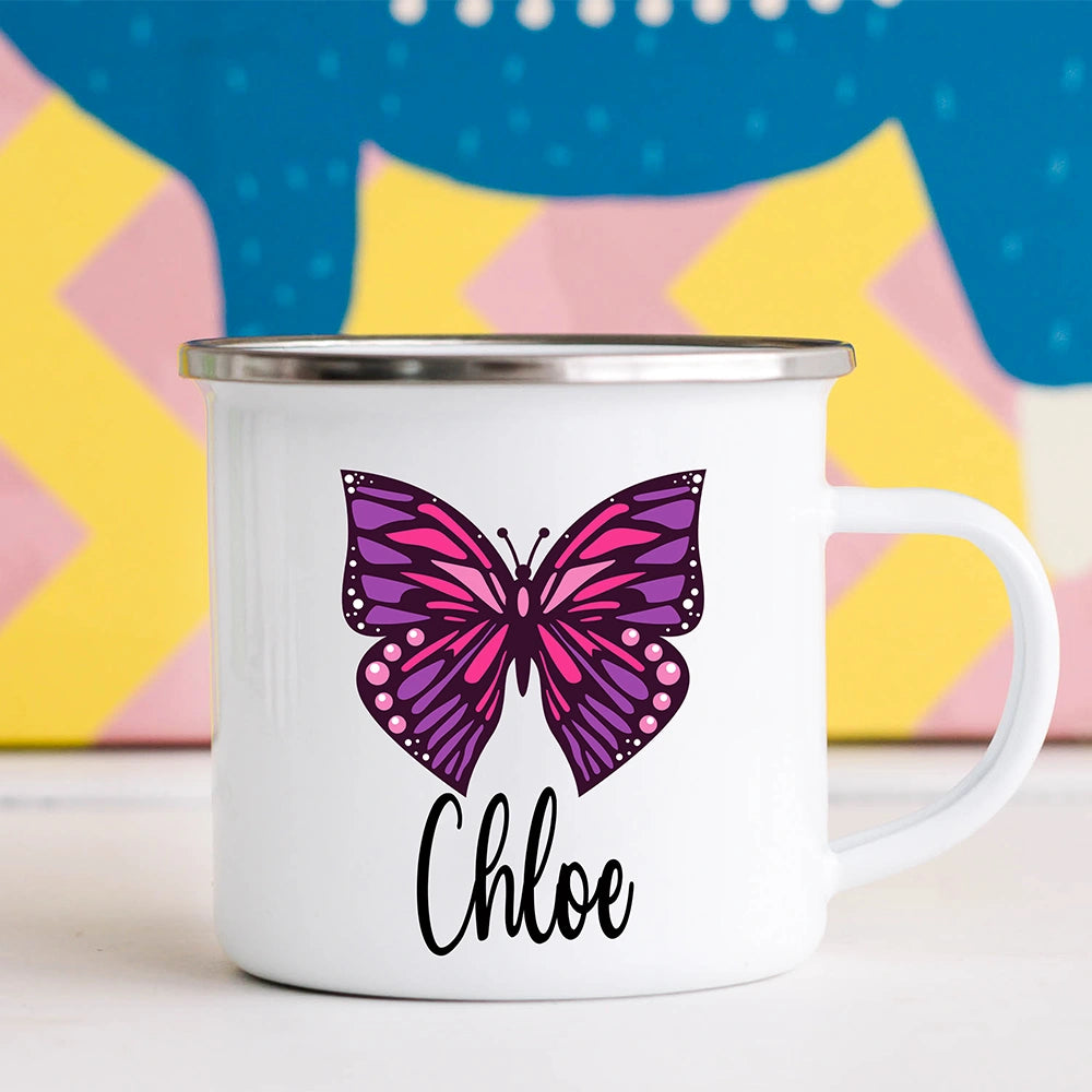 Butterfly custom kids mug with personalized name – enamel-coated stainless steel child mug