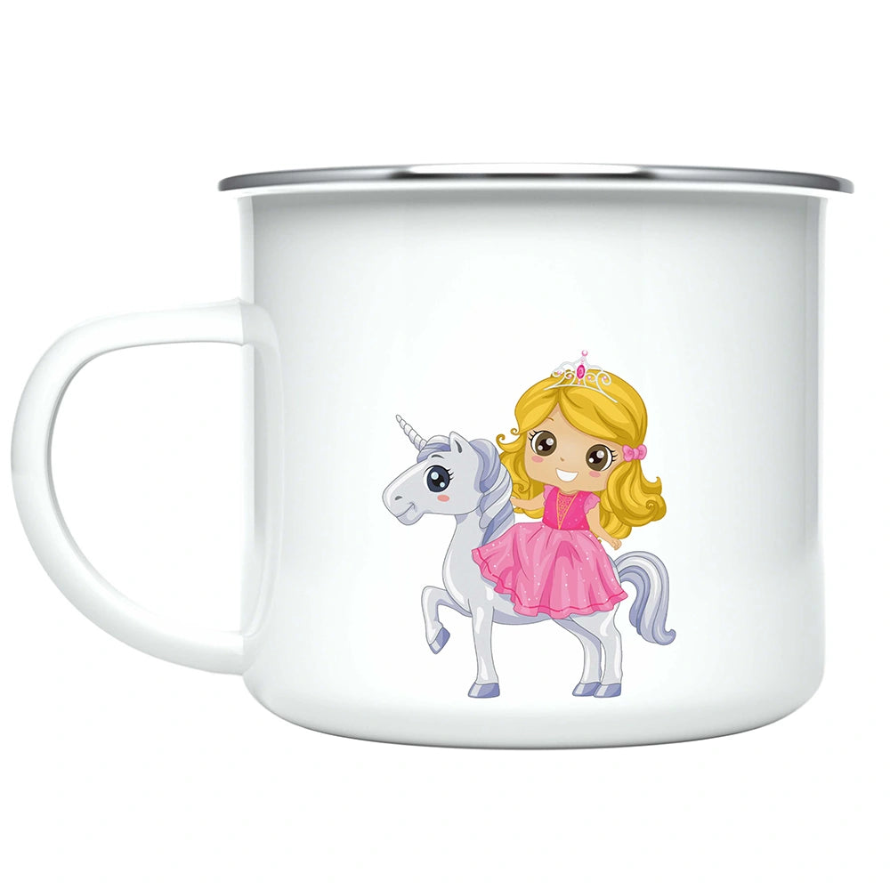 Close-up of princess and unicorn artwork printed on both sides of the custom kids mug