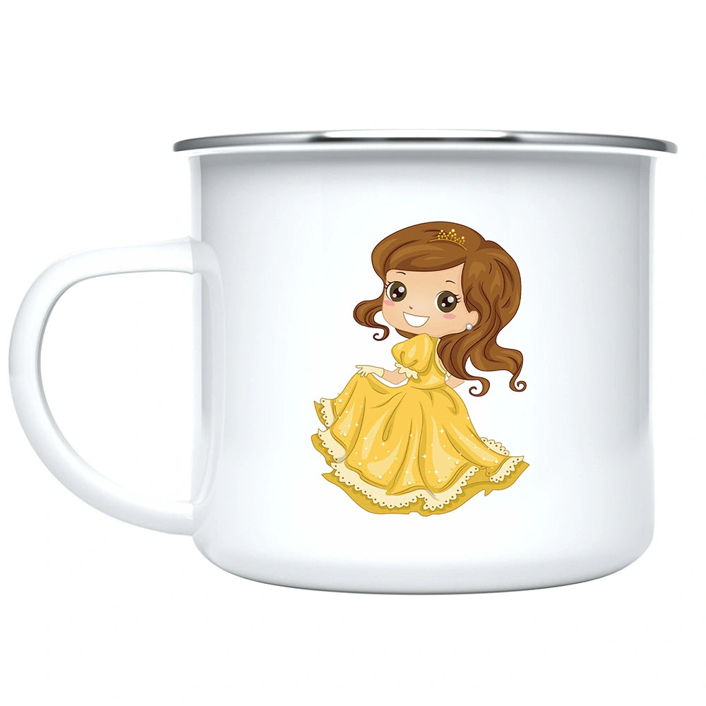 Close-up of vibrant yellow princess design printed on both sides of the children mug