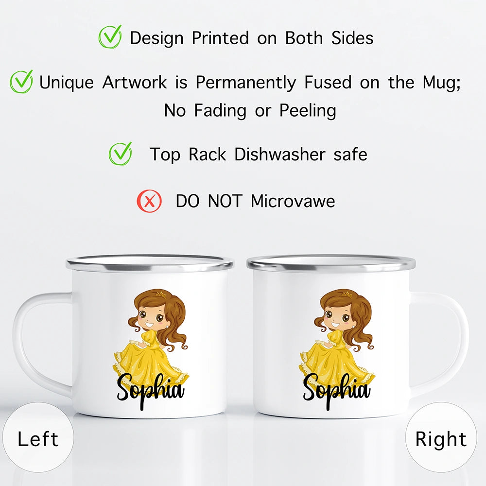 Close-up of vibrant yellow princess design printed on both sides of the children mug