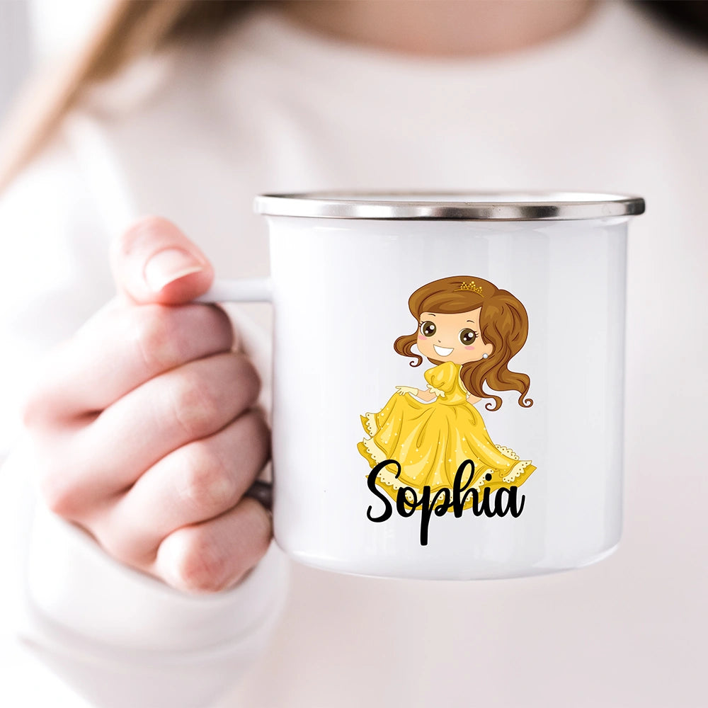 Personalized Yellow Princess Girl Mug held in a child's hand – perfect children’s mug