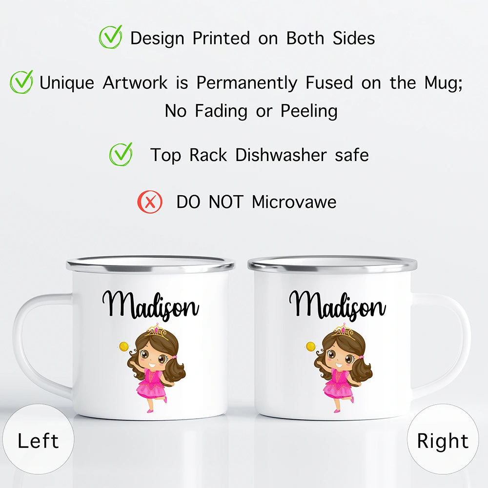 Detail of the easy-to-grasp enamel-coated stainless steel handle on the personalized kids mug