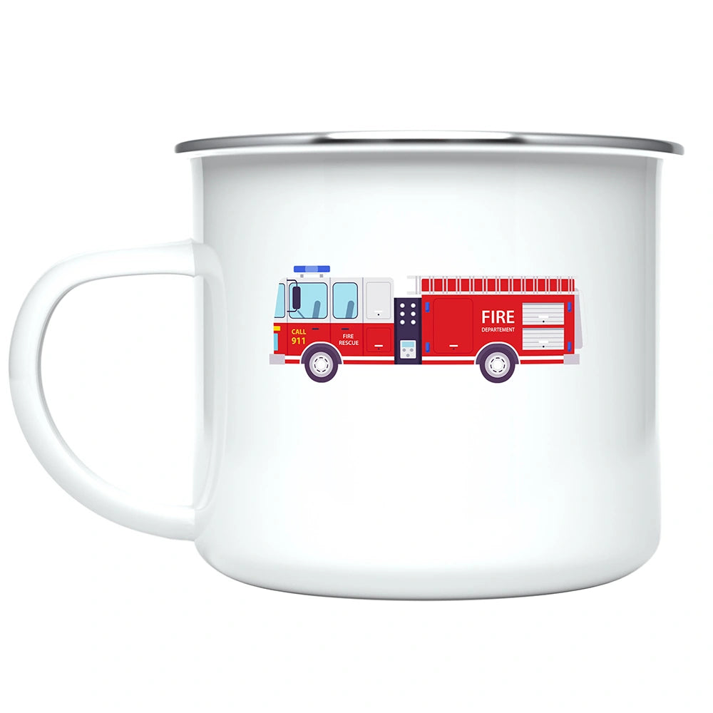 Close-up of fire truck artwork printed on both sides of the personalized kids mug