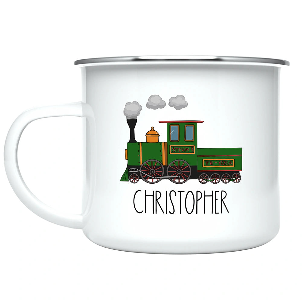 Detail of the easy-to-grasp enamel-coated stainless steel handle on the custom kids mug