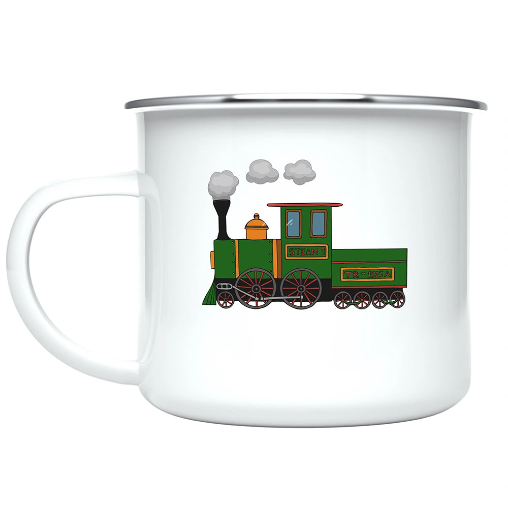 Close-up of vibrant train artwork printed on both sides of the personalized kids mug