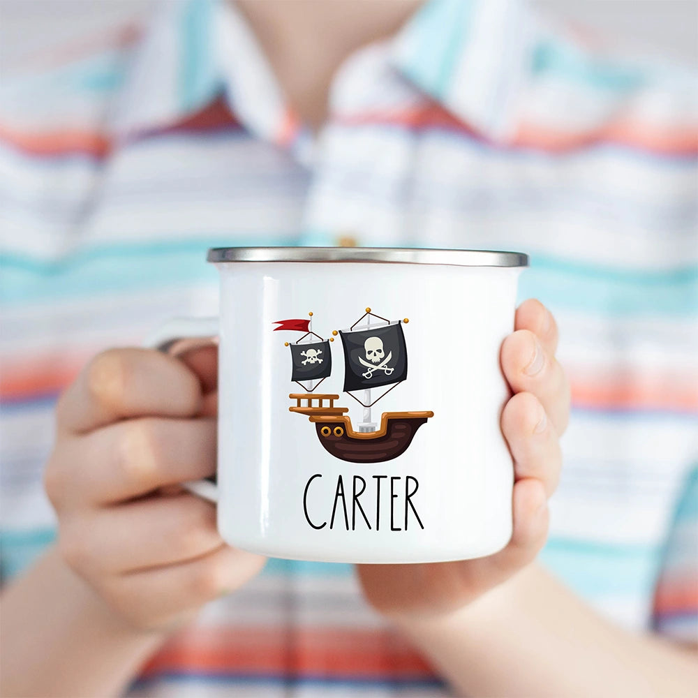 Custom Kids Mug for Boys, Pirate Ship Hot Chocolate Toddler Mug