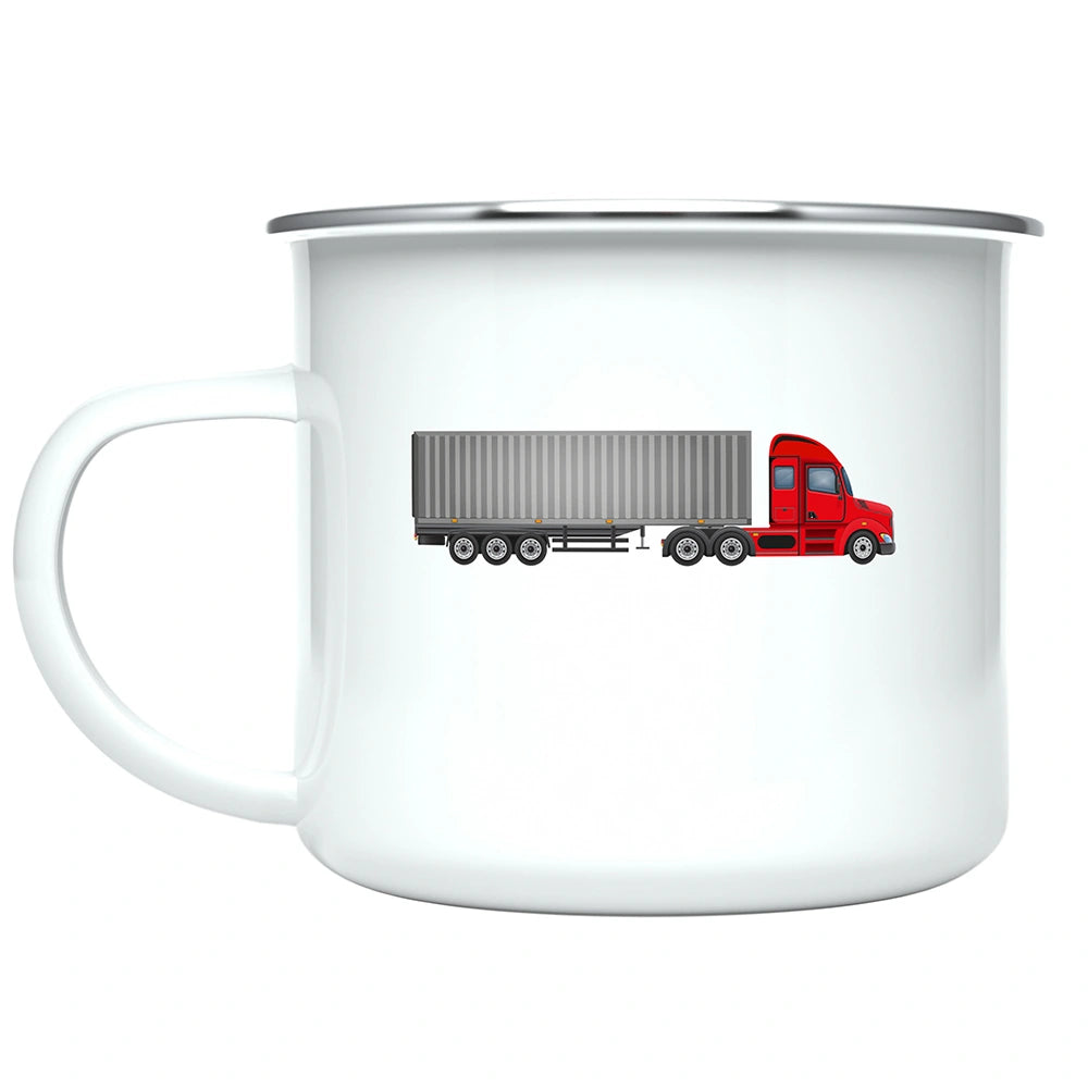 Close-up of full-color trailer truck artwork printed on both sides of the custom kids mug