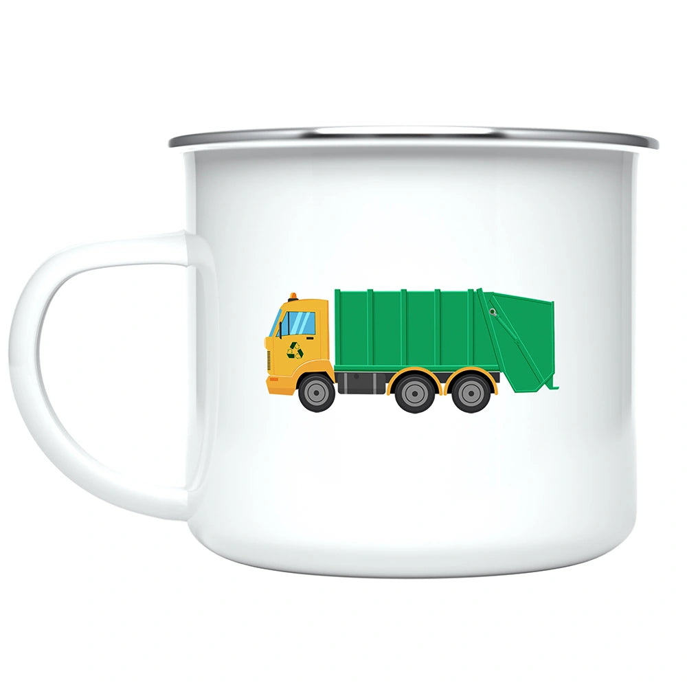 Close-up of garbage truck artwork printed on both sides of the custom kids mug