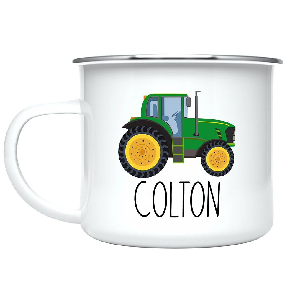 Detail of the easy-to-grasp enamel-coated stainless steel handle on the custom kids mug