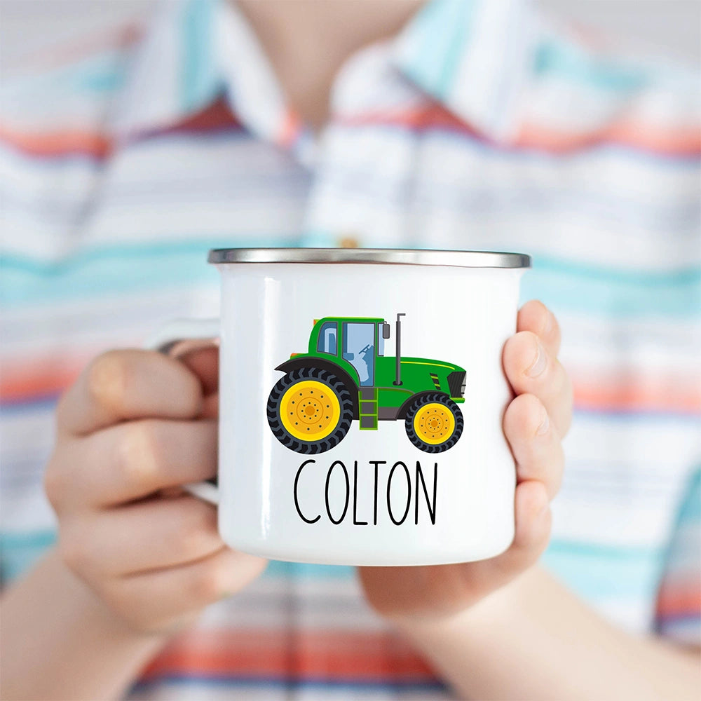 Customized Tractor Hot Cocoa Kids Mug held in a child's hand – perfect children’s mug