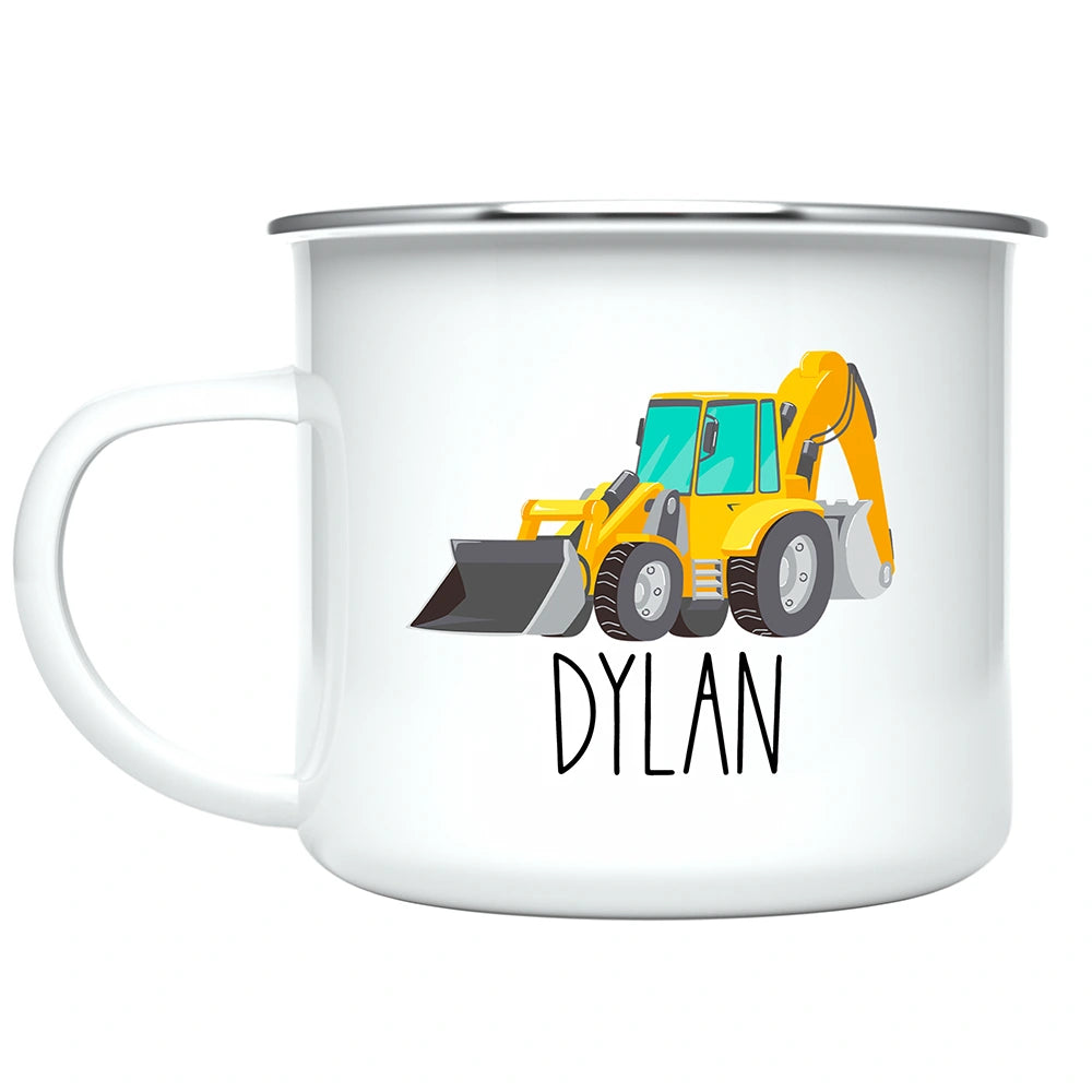 Close-up of vibrant excavator artwork printed on both sides of the custom kids mug