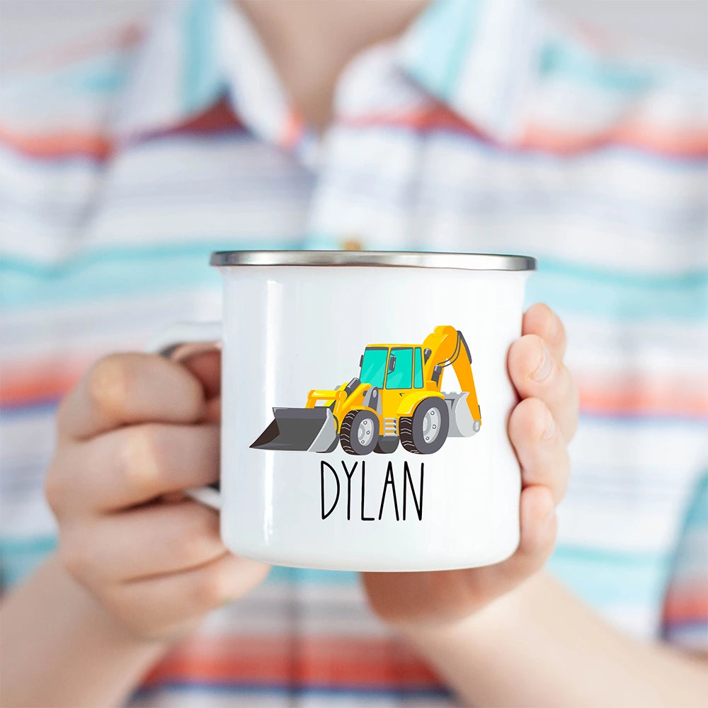 Personalized Excavator Hot Cocoa Kids Mug held in a child's hand – perfect children’s mug
