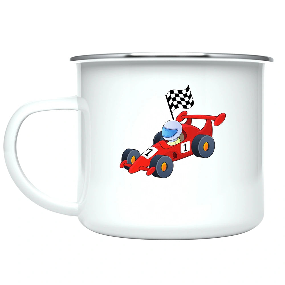 Close-up of F1 race‑car artwork printed on both sides of the custom kids mug