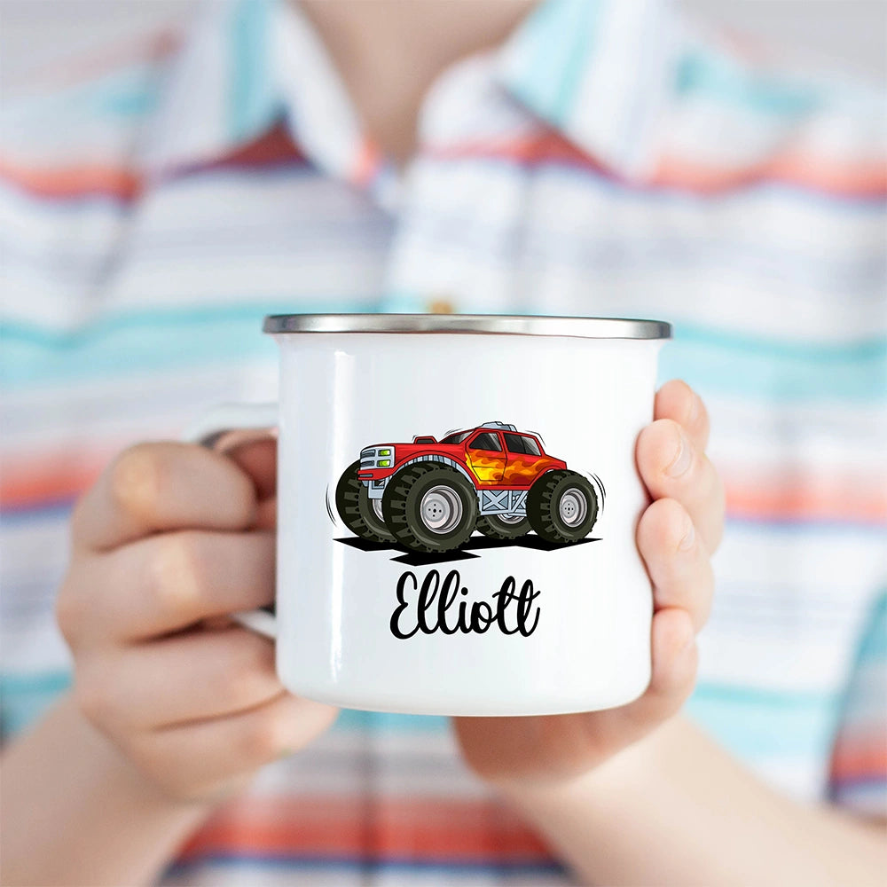 Monster Truck Toddler Mug held in a child's hand – personalized kids mug