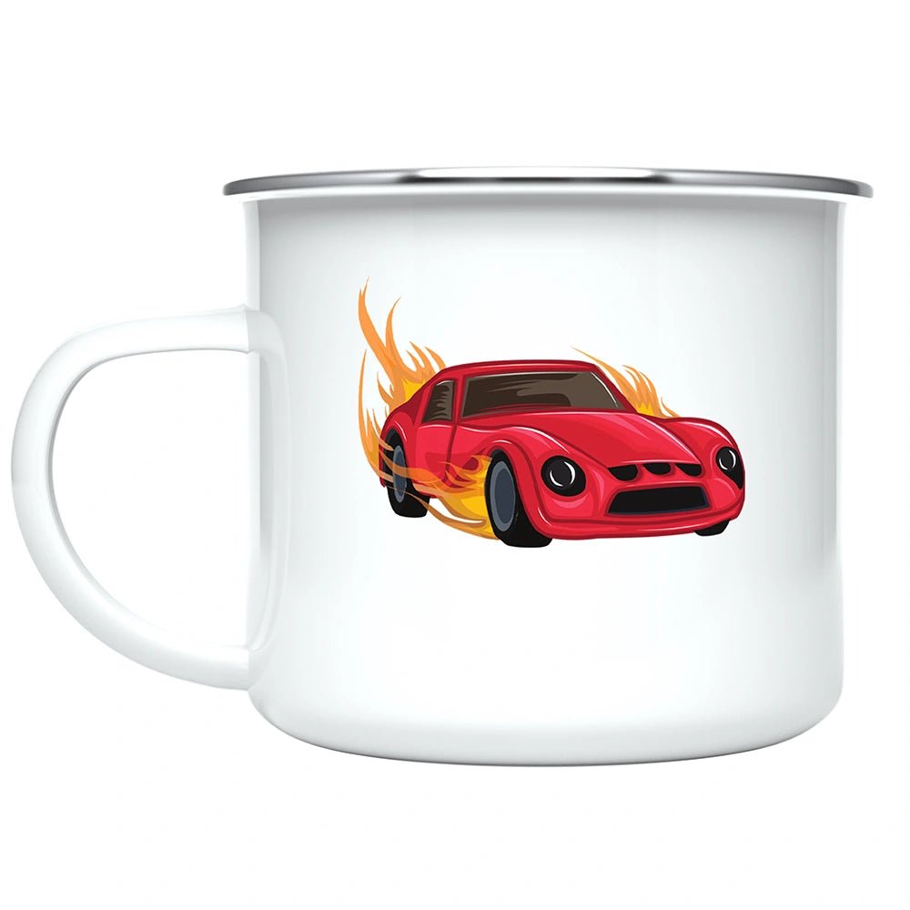 Close-up of vibrant race car artwork printed on both sides of the custom kids mug