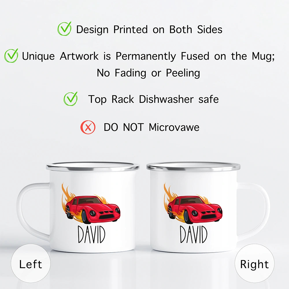 Personalized Race Car Toddler Mug held in a child's hand