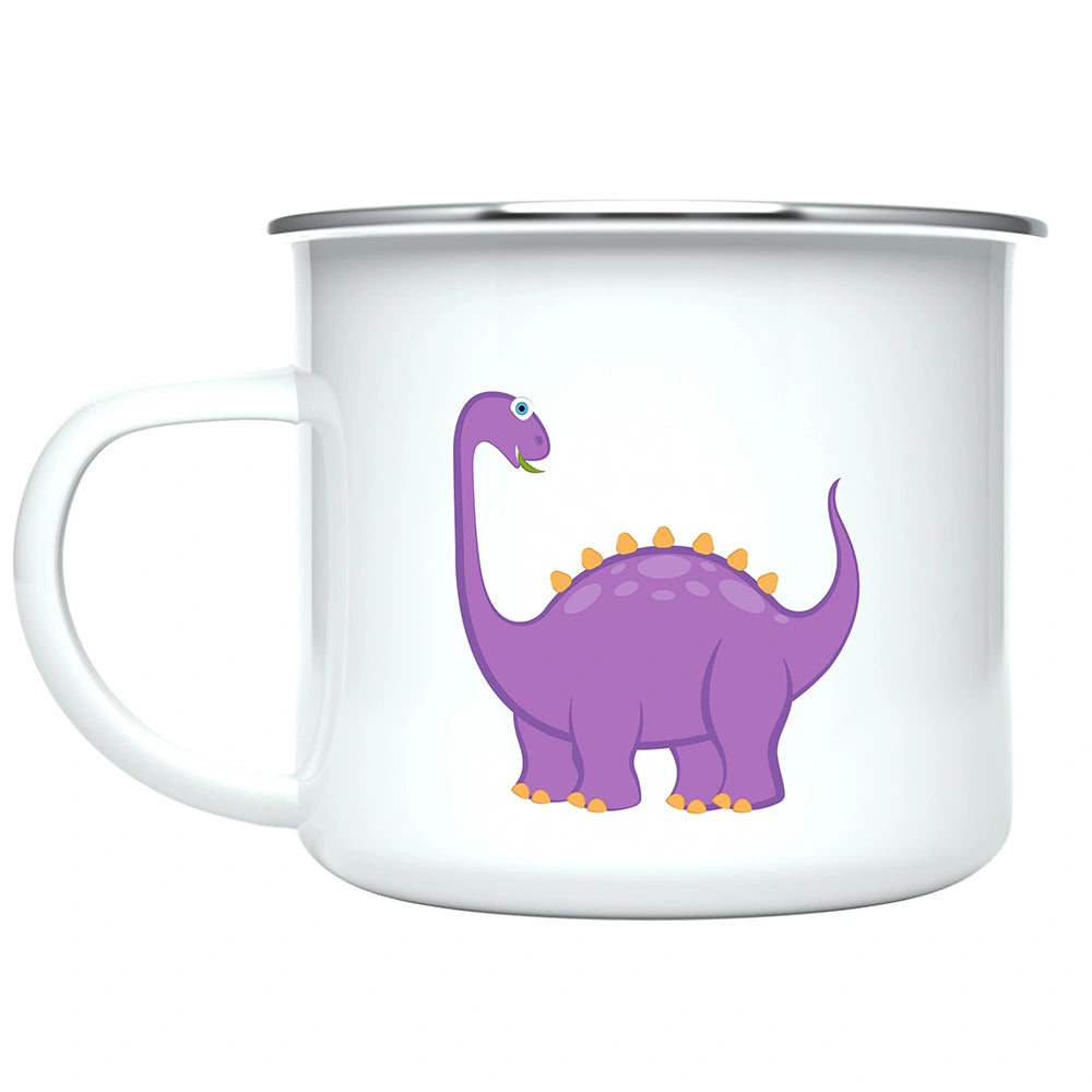 Close-up of vibrant purple dinosaur artwork printed on both sides of the custom kids hot chocolate mug