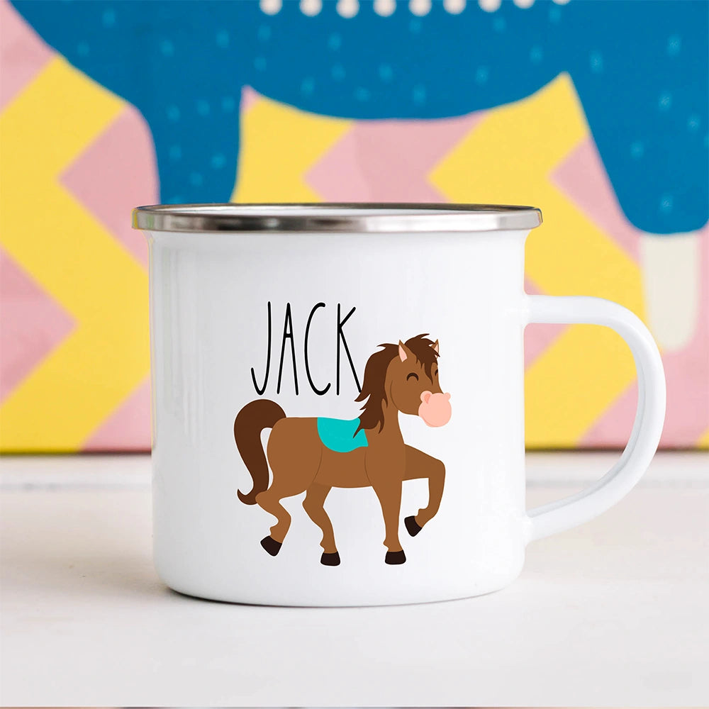 Personalized horse hot chocolate kids mug for boys with custom name