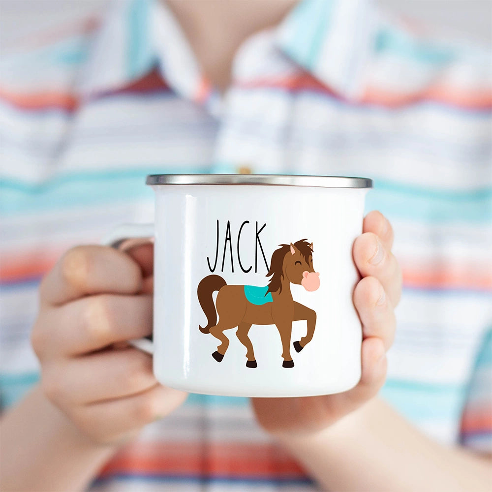 Custom horse hot chocolate mug held in a child's hand
