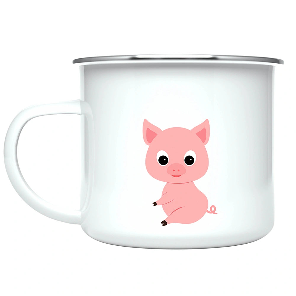 Close-up of vibrant pig artwork printed on both sides of the children’s mug