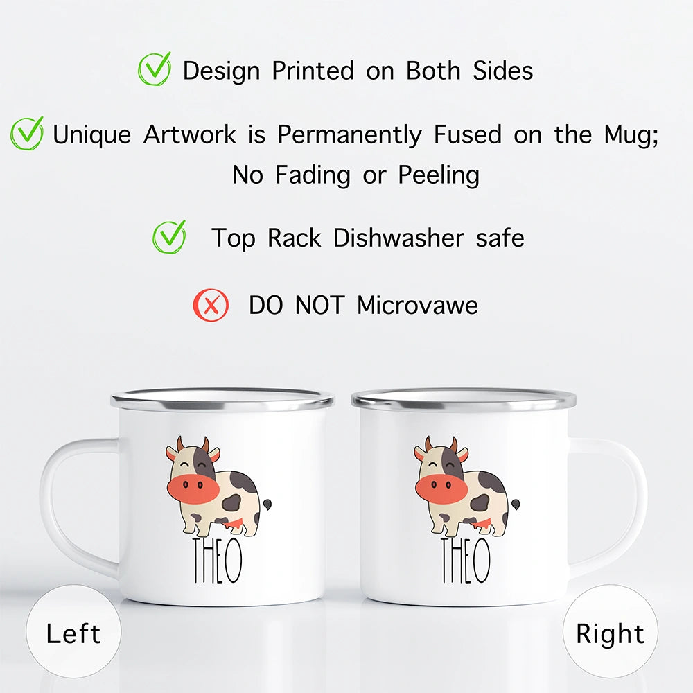 Care instructions graphic for the custom kids mug—dishwasher safe top rack recommended