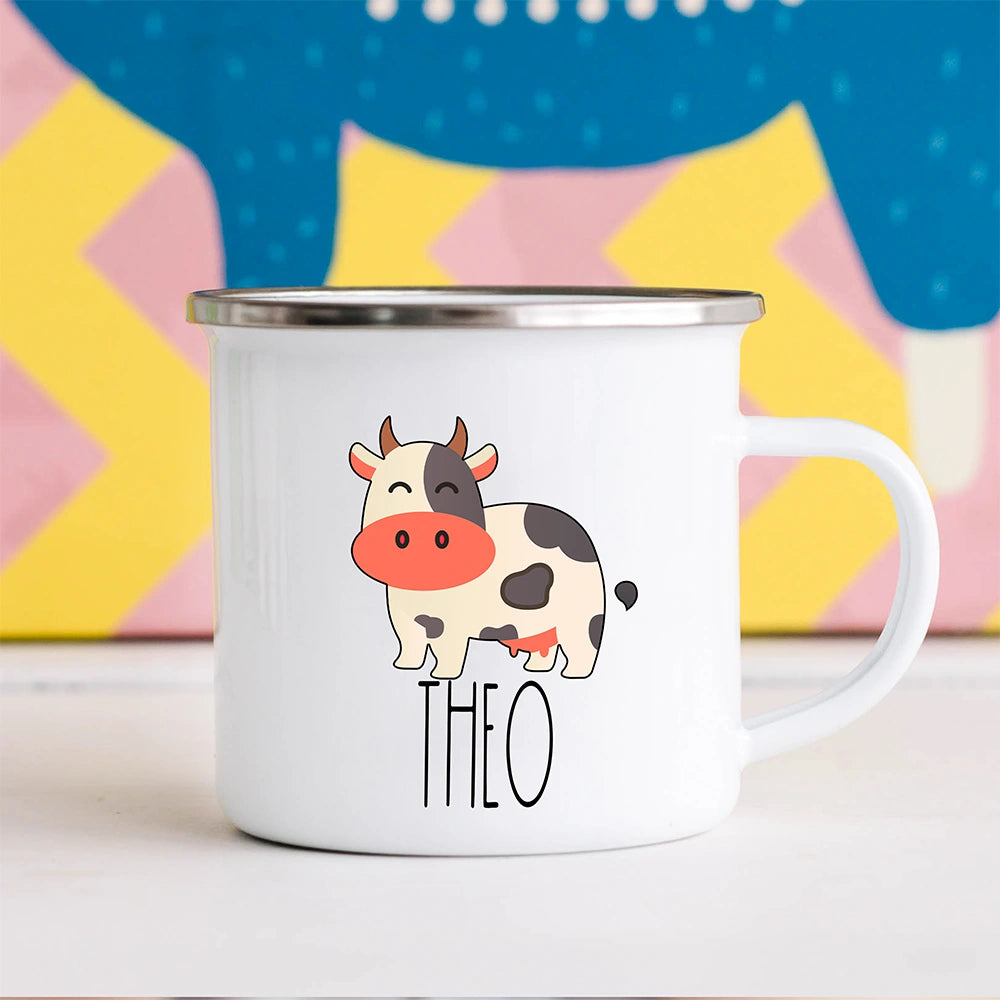 Custom kids hot chocolate mug featuring cow design with personalized name