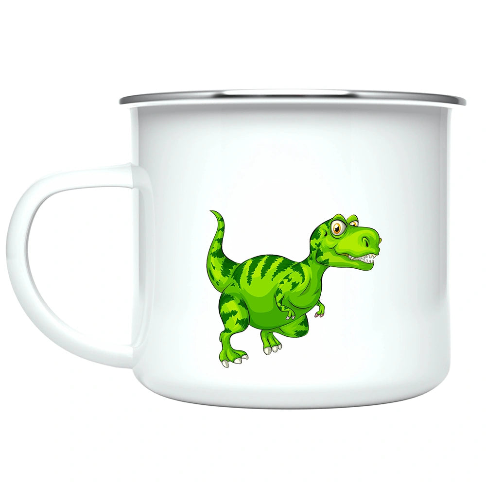 Close-up of vibrant T‑Rex dinosaur artwork printed on both sides of the kids mug