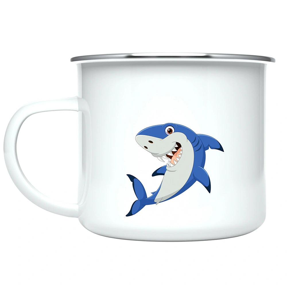 Close-up of vibrant shark artwork printed on both sides of the customized kids mug