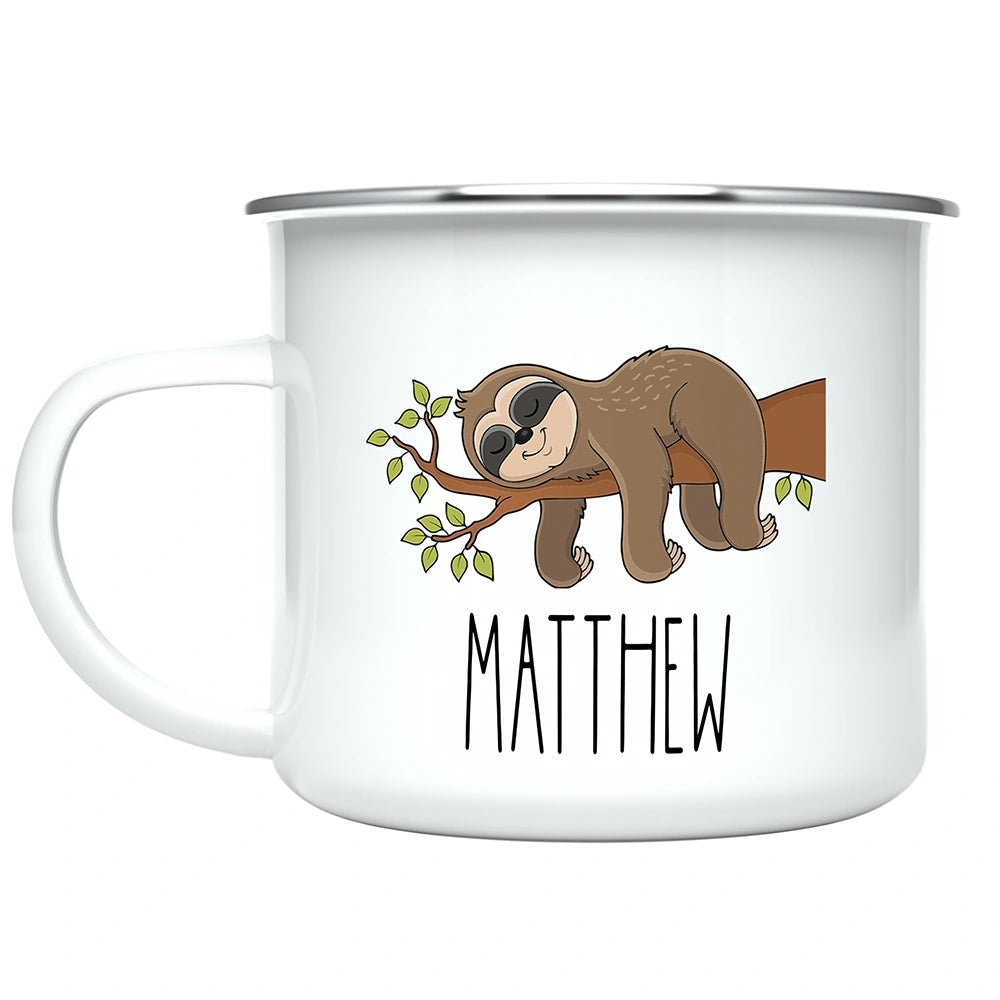 Detail of the easy-to-grasp enamel-coated stainless steel handle on the Sloth Toddler Mug
