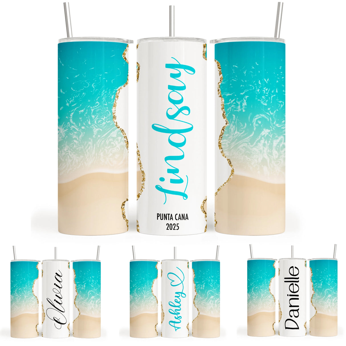 Set of personalized tumblers with beach design and names printed on them.