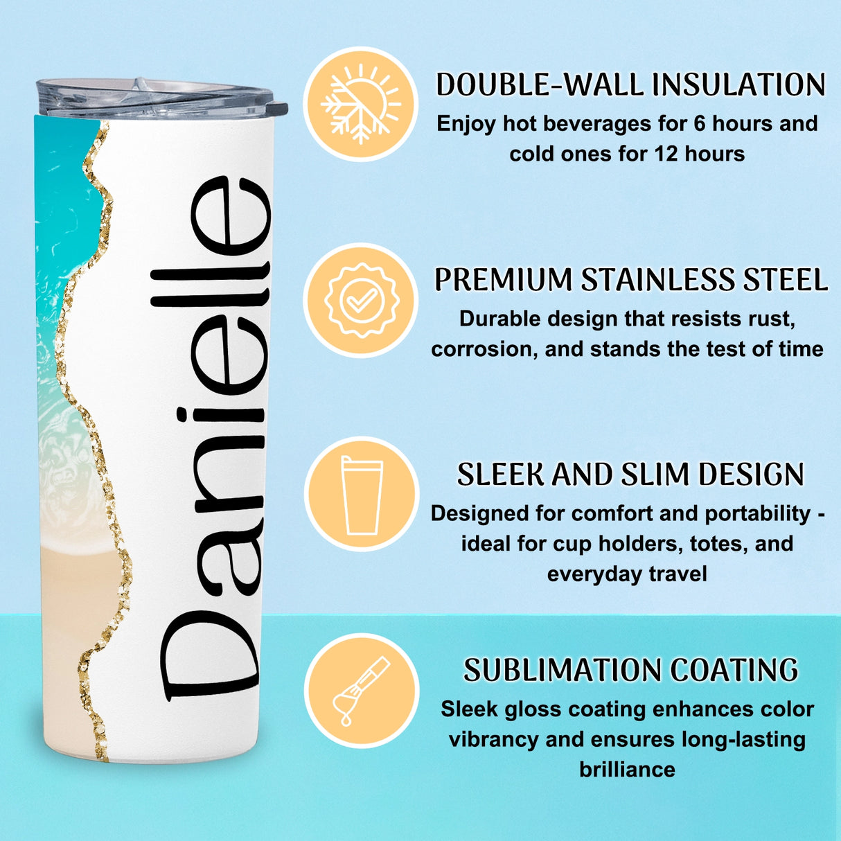 Personalized Tumbler with name on a blue background with product features listed.