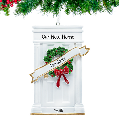 Personalized Our New Home Ornament - White Home door on christmas tree