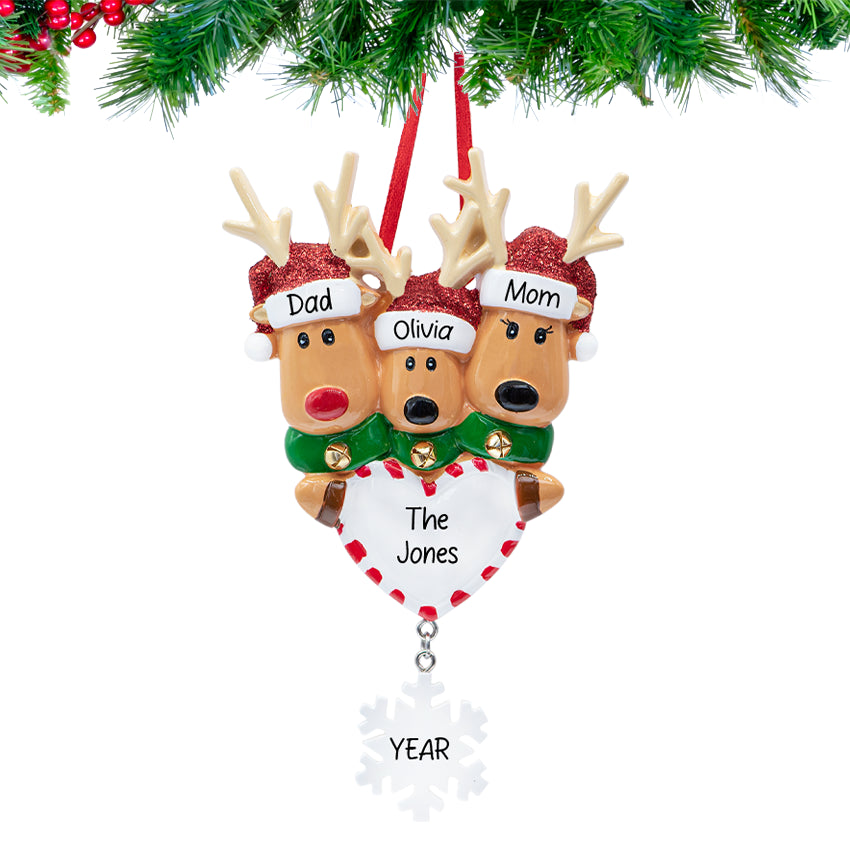 Personalized Reindeer Family of 3 Christmas Ornament