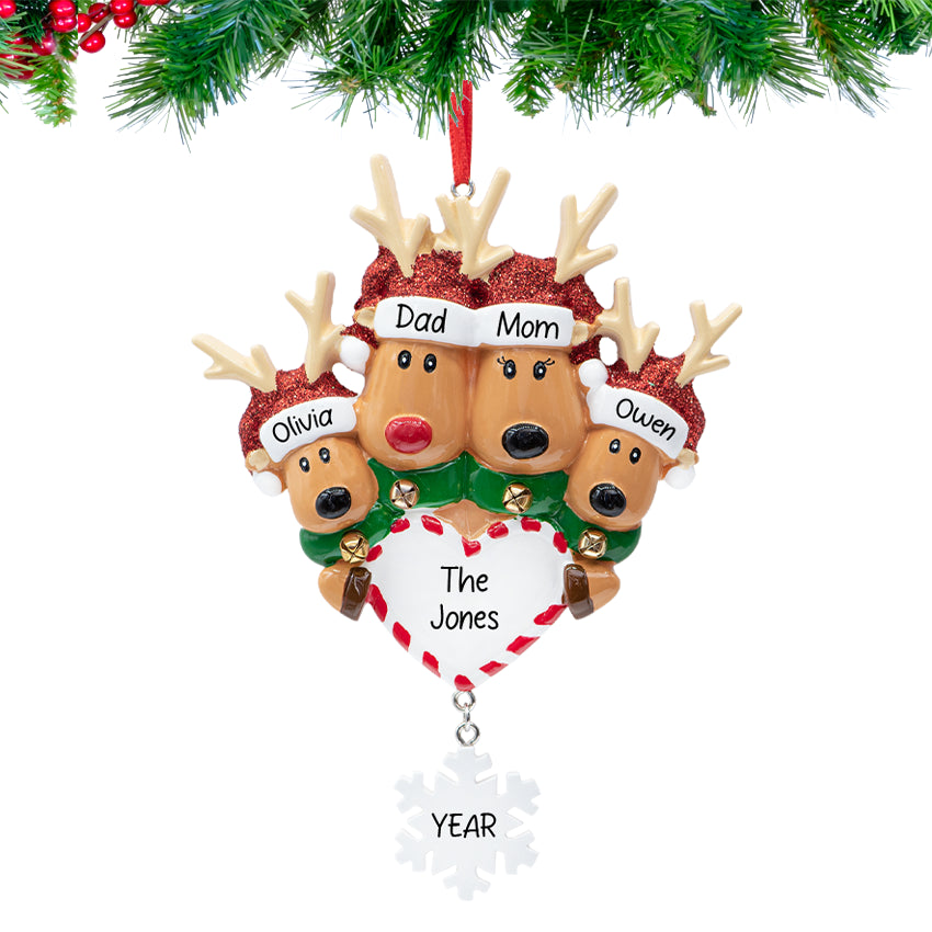 Personalized Reindeer Family of 4 Christmas Ornament