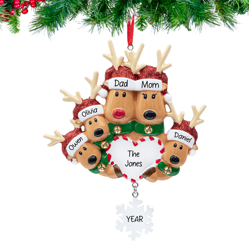 Personalized Reindeer Family of 5 Christmas Ornament