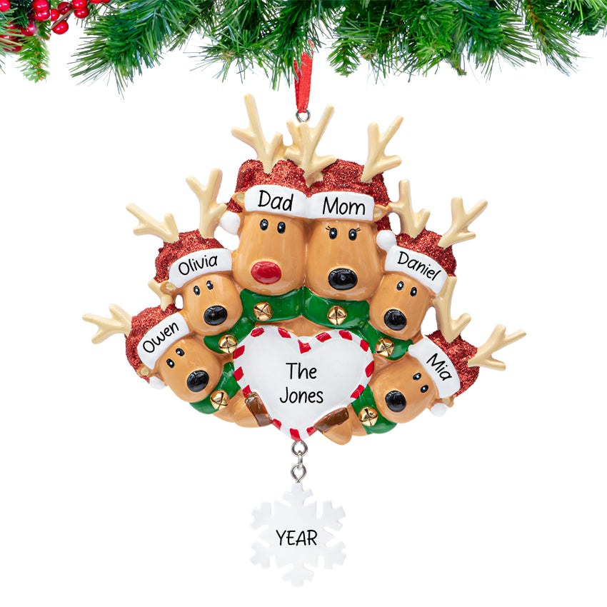 Personalized Reindeer Family of 6 Christmas Ornament