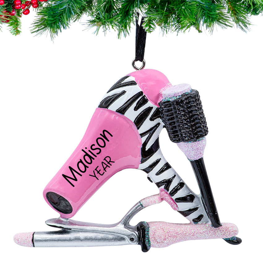 Custom stylist Christmas ornament hanging on tree branch, scissors charm and 2025 year tag visible