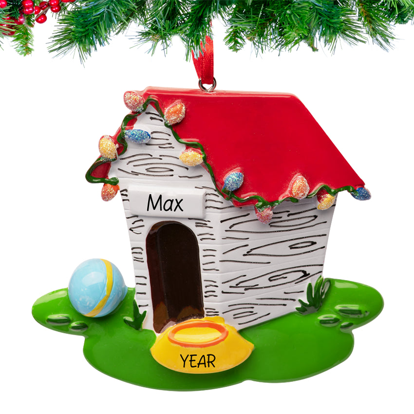 Personalized Dog House Ornament Under the Christmas tree with Name & Year Customization