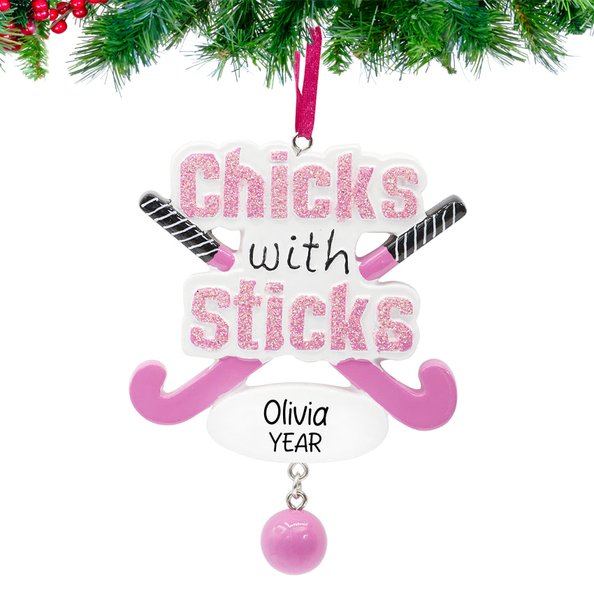 Personalized Chicks with Sticks Hockey Christmas Ornament