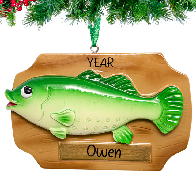 Personalized Christmas ornament fish bass plaque, a unique keepsake celebrating fishing adventures.